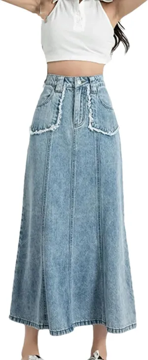 Women's 5-Pocket Fringed Denim Midi Skirt High Waisted Button Down Casual Ruffle Hem Jeans Skirts