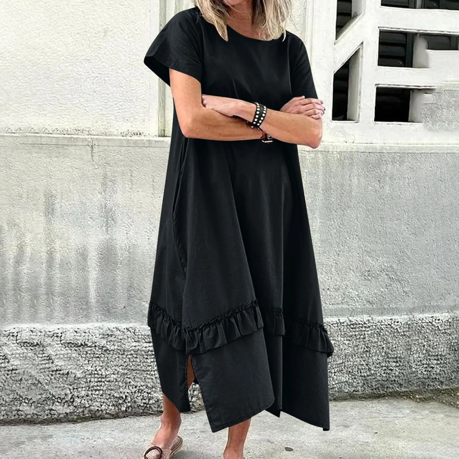 Womens Boho Floral Flowy Midi Dresses Casual Loose Summer Short Sleeve Beach Dress with Pockets Side Slit Spring Clothes 2025