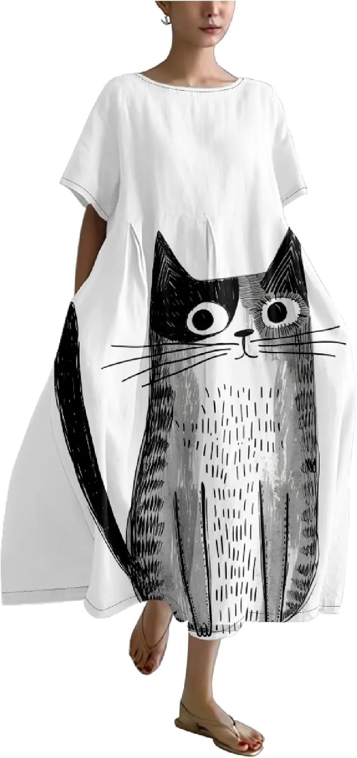 Womens Boho Summer Dresses Oversized Comfy T Shirt Dress Elegant Crew Neck Short Sleeve Sundress Camping