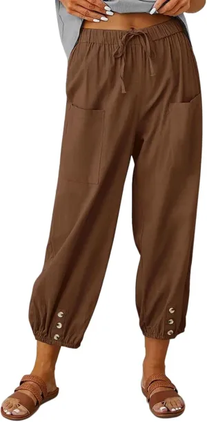 Women's Capri Pants High Waist Drawstring Cinch Bottom with Button Cotton Loose Casual Trouser with Pockets