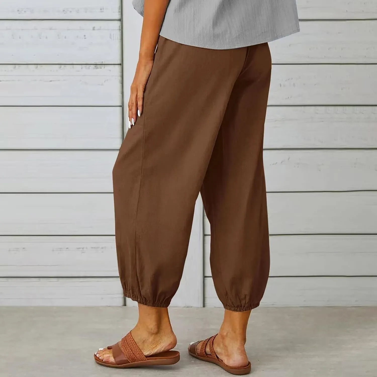 Women's Capri Pants High Waist Drawstring Cinch Bottom with Button Cotton Loose Casual Trouser with Pockets