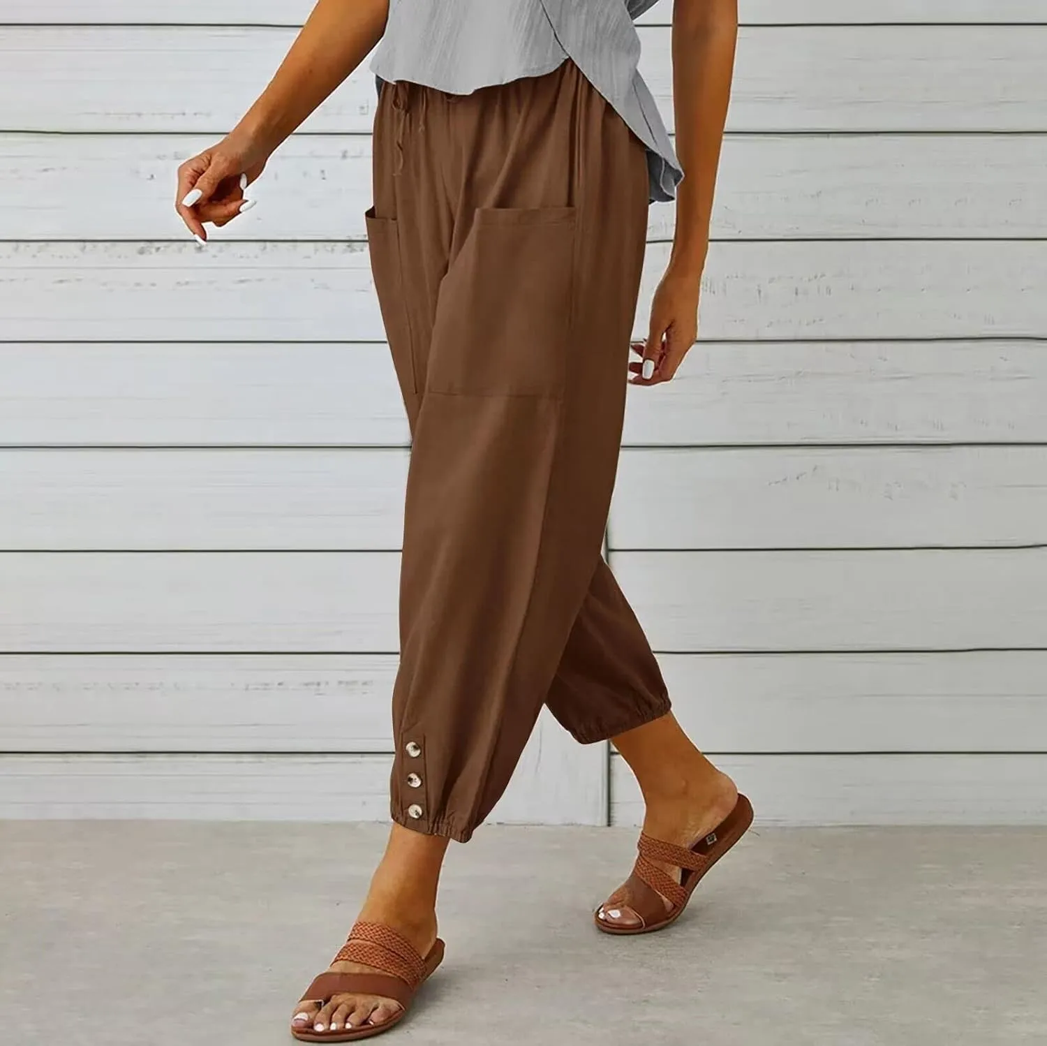 Women's Capri Pants High Waist Drawstring Cinch Bottom with Button Cotton Loose Casual Trouser with Pockets