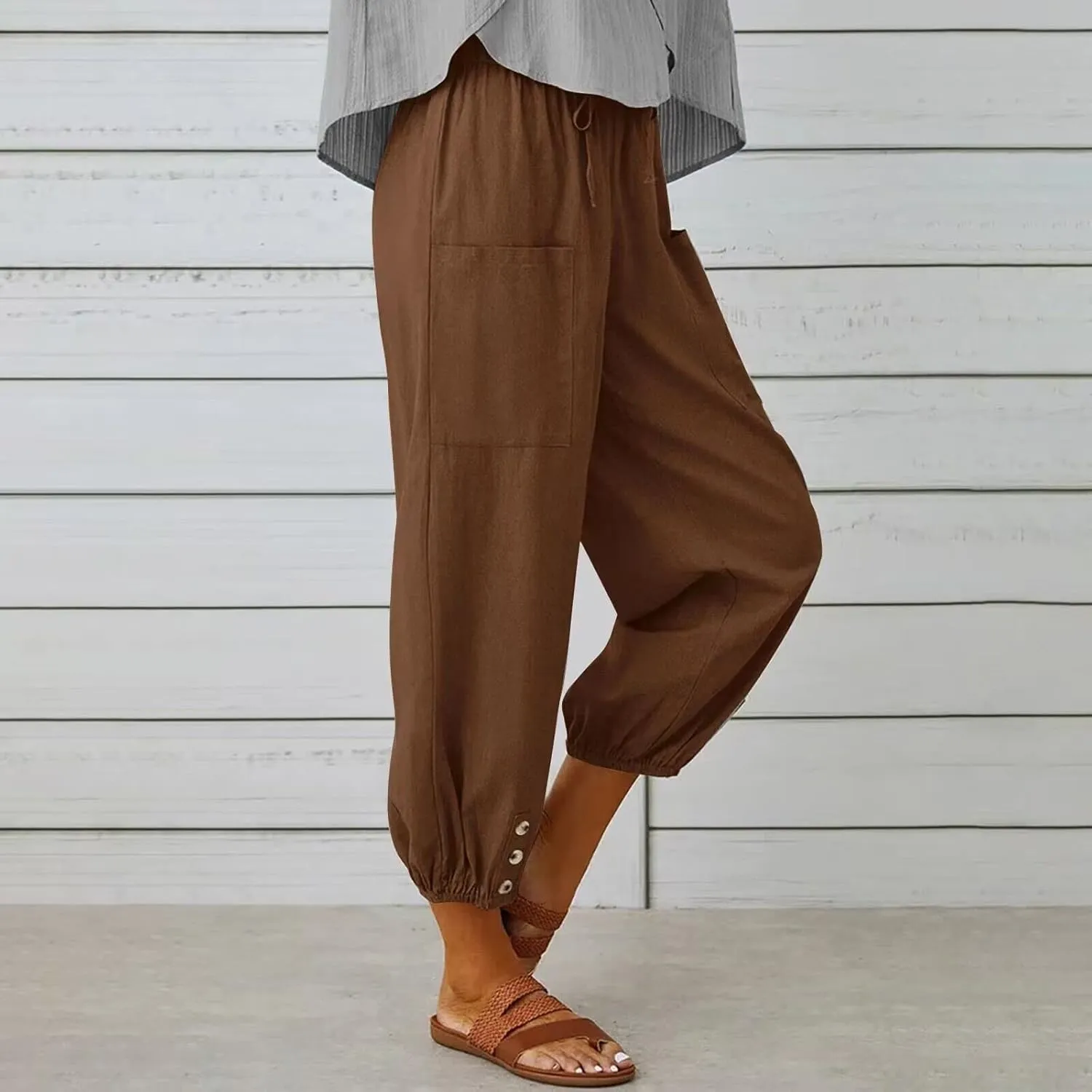 Women's Capri Pants High Waist Drawstring Cinch Bottom with Button Cotton Loose Casual Trouser with Pockets