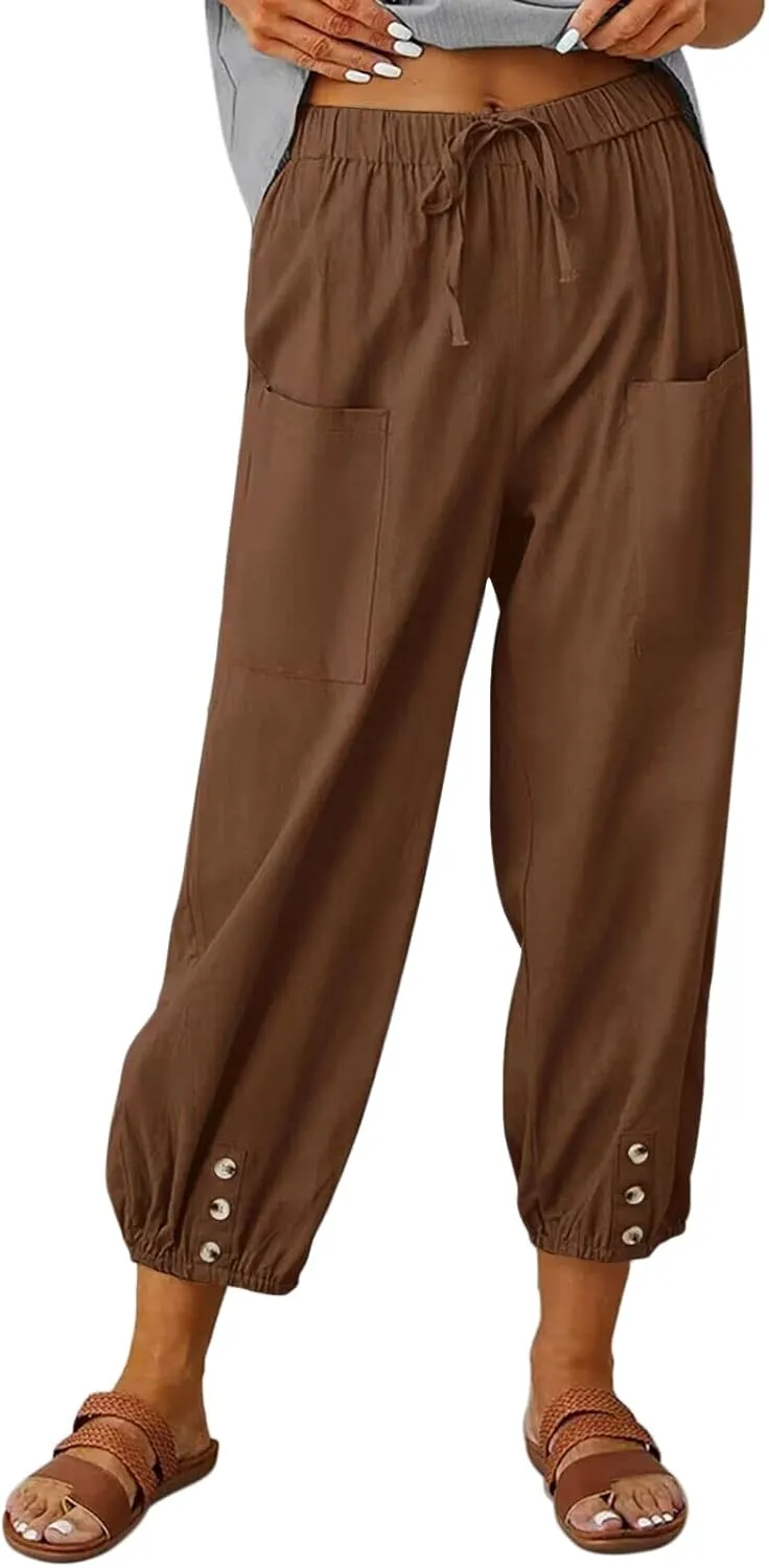 Women's Capri Pants High Waist Drawstring Cinch Bottom with Button Cotton Loose Casual Trouser with Pockets