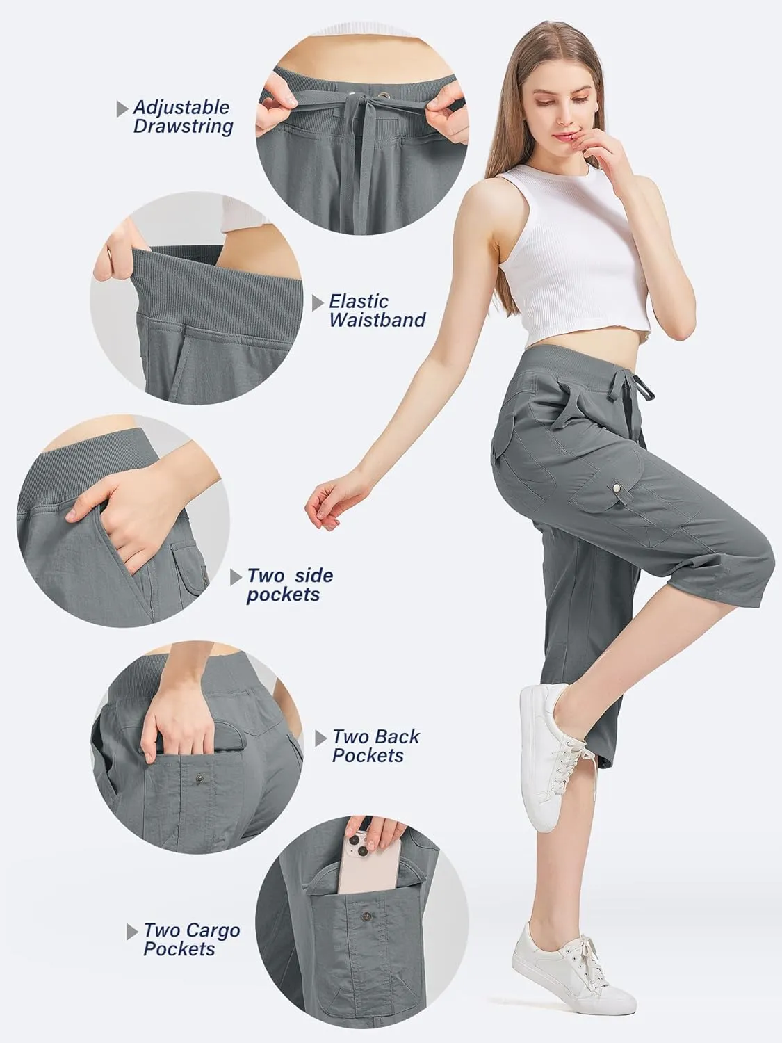 Women's Cargo Capris Hiking Pants Quick Dry Lightweight Athletic Outdoor Travel Loose Fit Casual Capris with Pockets