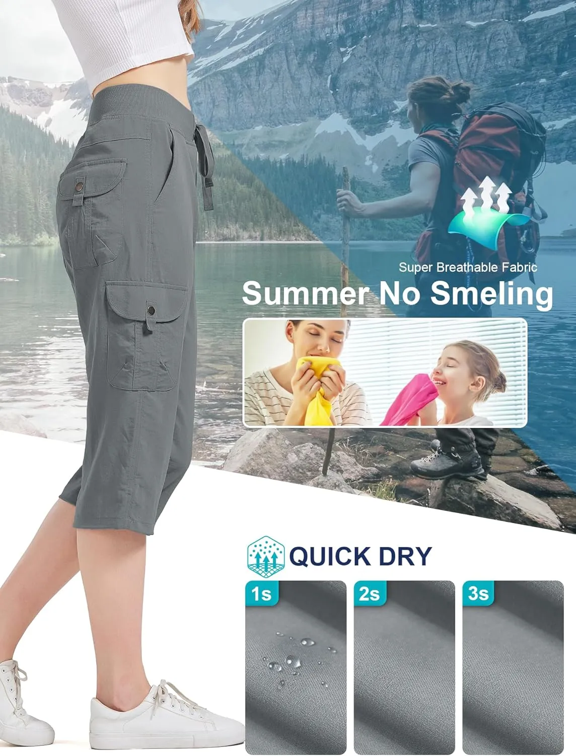 Women's Cargo Capris Hiking Pants Quick Dry Lightweight Athletic Outdoor Travel Loose Fit Casual Capris with Pockets