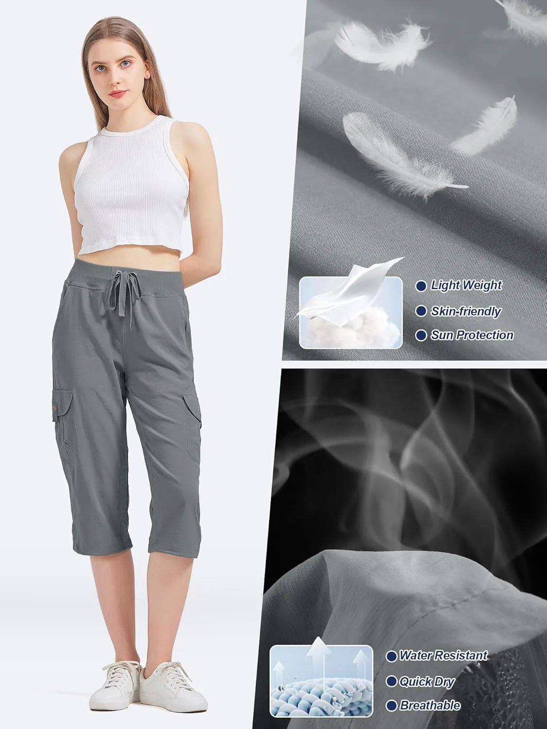 Women's Cargo Capris Hiking Pants Quick Dry Lightweight Athletic Outdoor Travel Loose Fit Casual Capris with Pockets