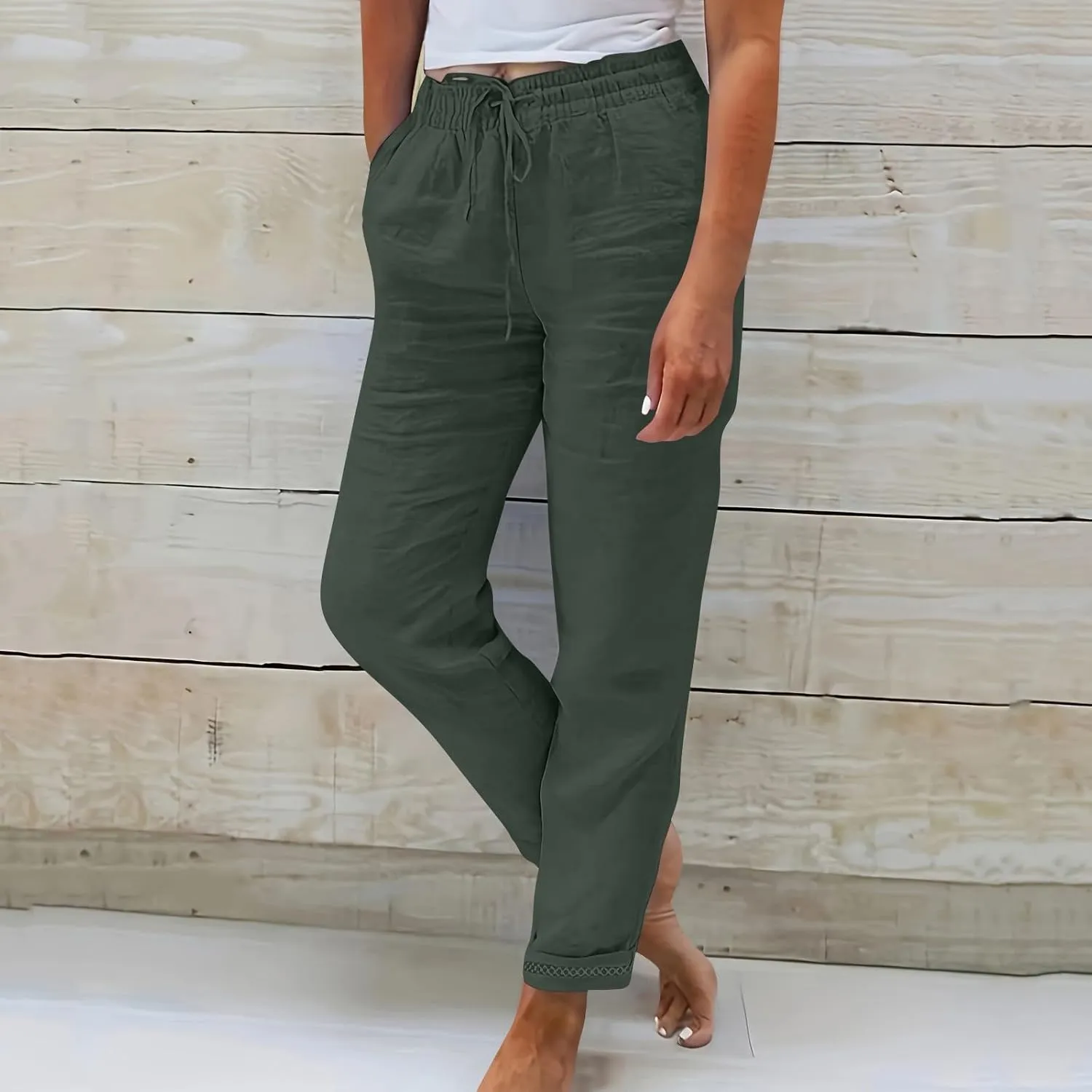 Women's Casual Cotton Linen Pants Drawstring High Waist Loose Fit Summer Pants Lounge Beach Trousers with Pockets