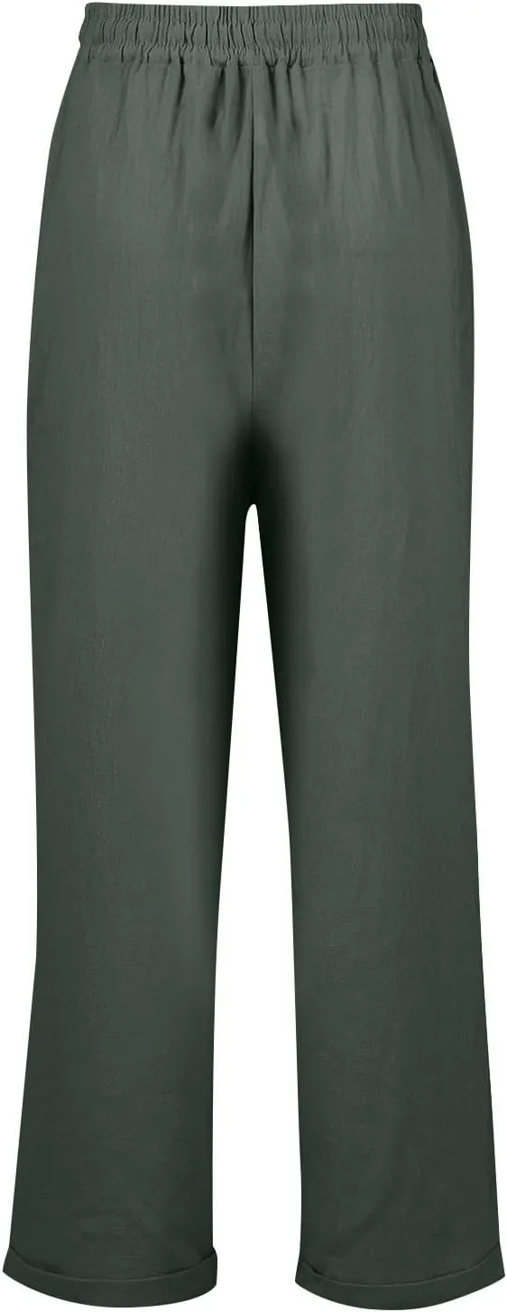 Women's Casual Cotton Linen Pants Drawstring High Waist Loose Fit Summer Pants Lounge Beach Trousers with Pockets