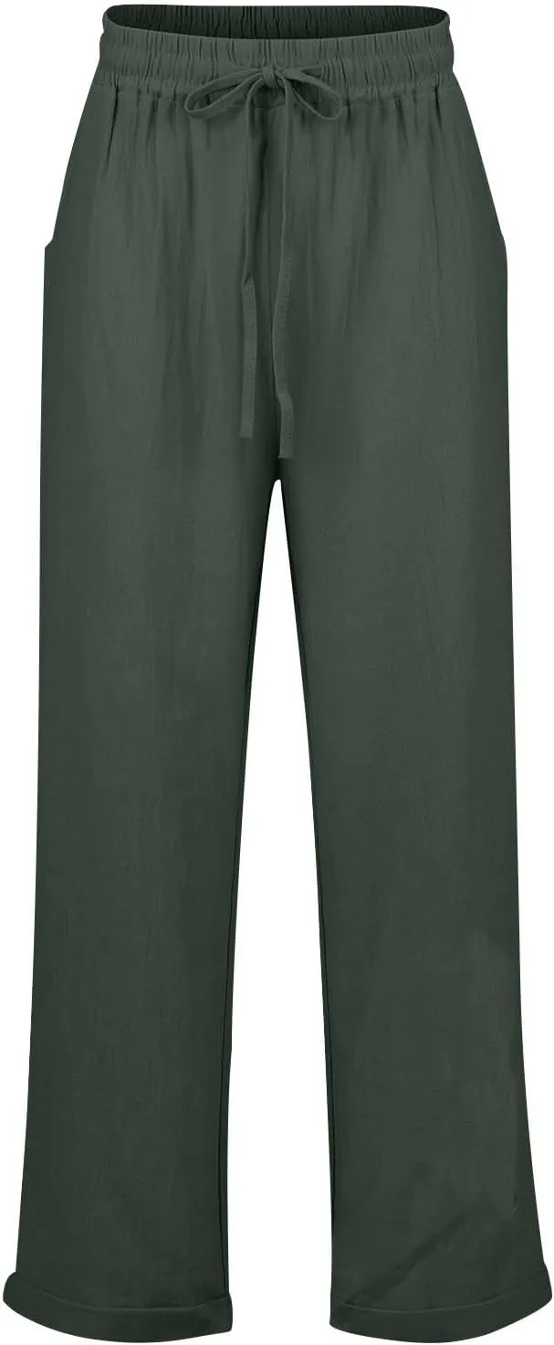 Women's Casual Cotton Linen Pants Drawstring High Waist Loose Fit Summer Pants Lounge Beach Trousers with Pockets