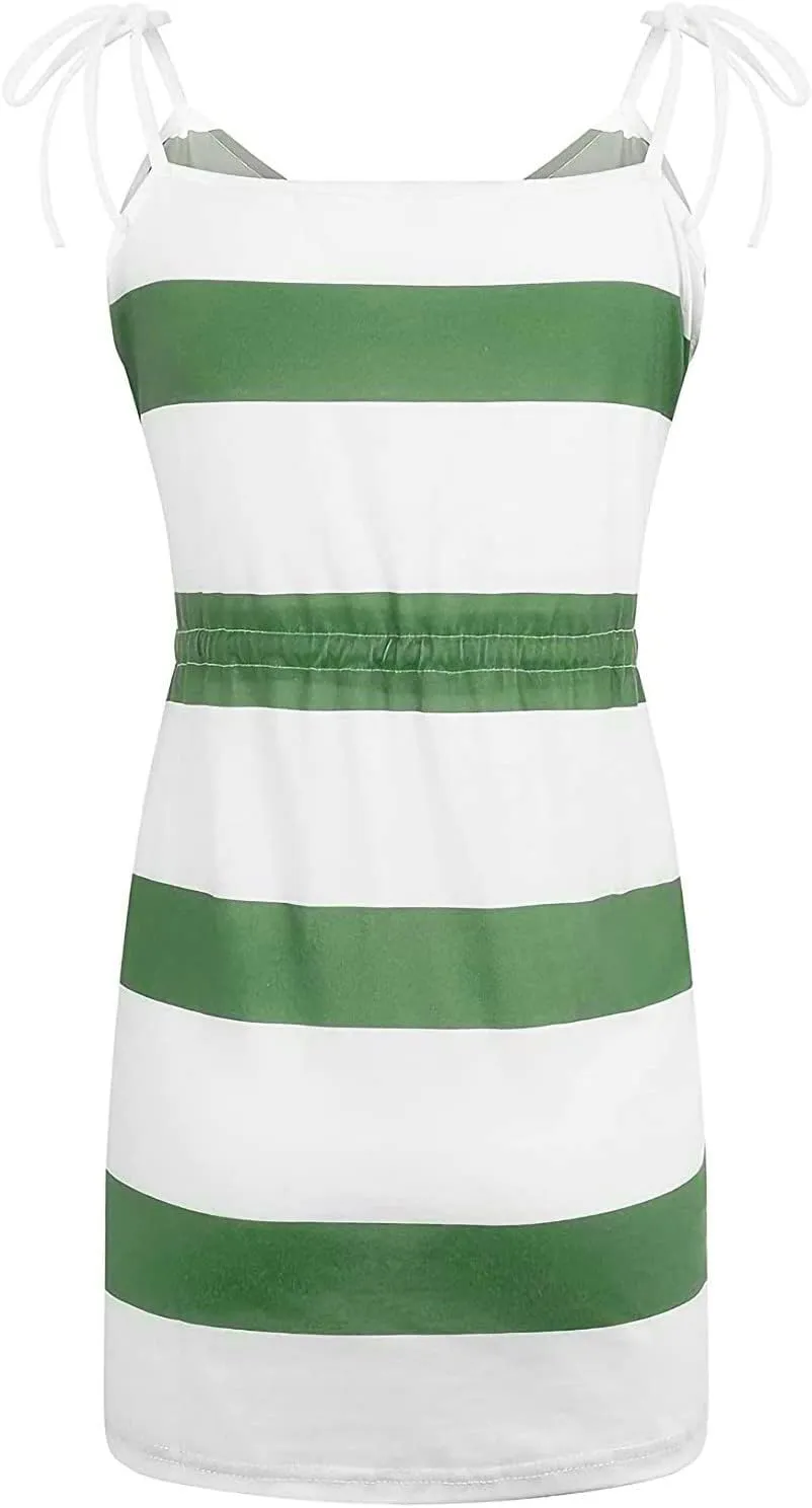 Women's Casual Dresses 2025 Summer Vacation A-Line Stripes Mini Dresses V-Neck Sleeveless Mini Dresses with Pockets