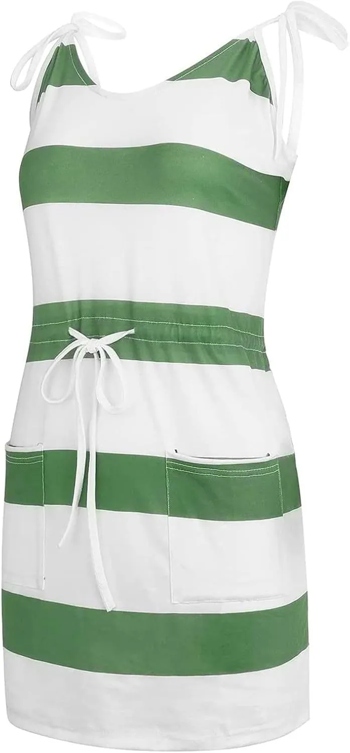 Women's Casual Dresses 2025 Summer Vacation A-Line Stripes Mini Dresses V-Neck Sleeveless Mini Dresses with Pockets