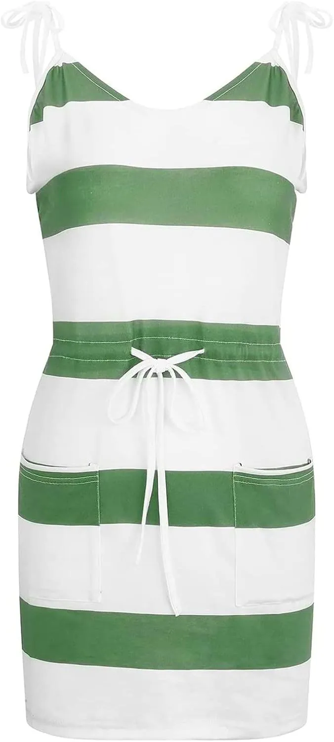 Women's Casual Dresses 2025 Summer Vacation A-Line Stripes Mini Dresses V-Neck Sleeveless Mini Dresses with Pockets