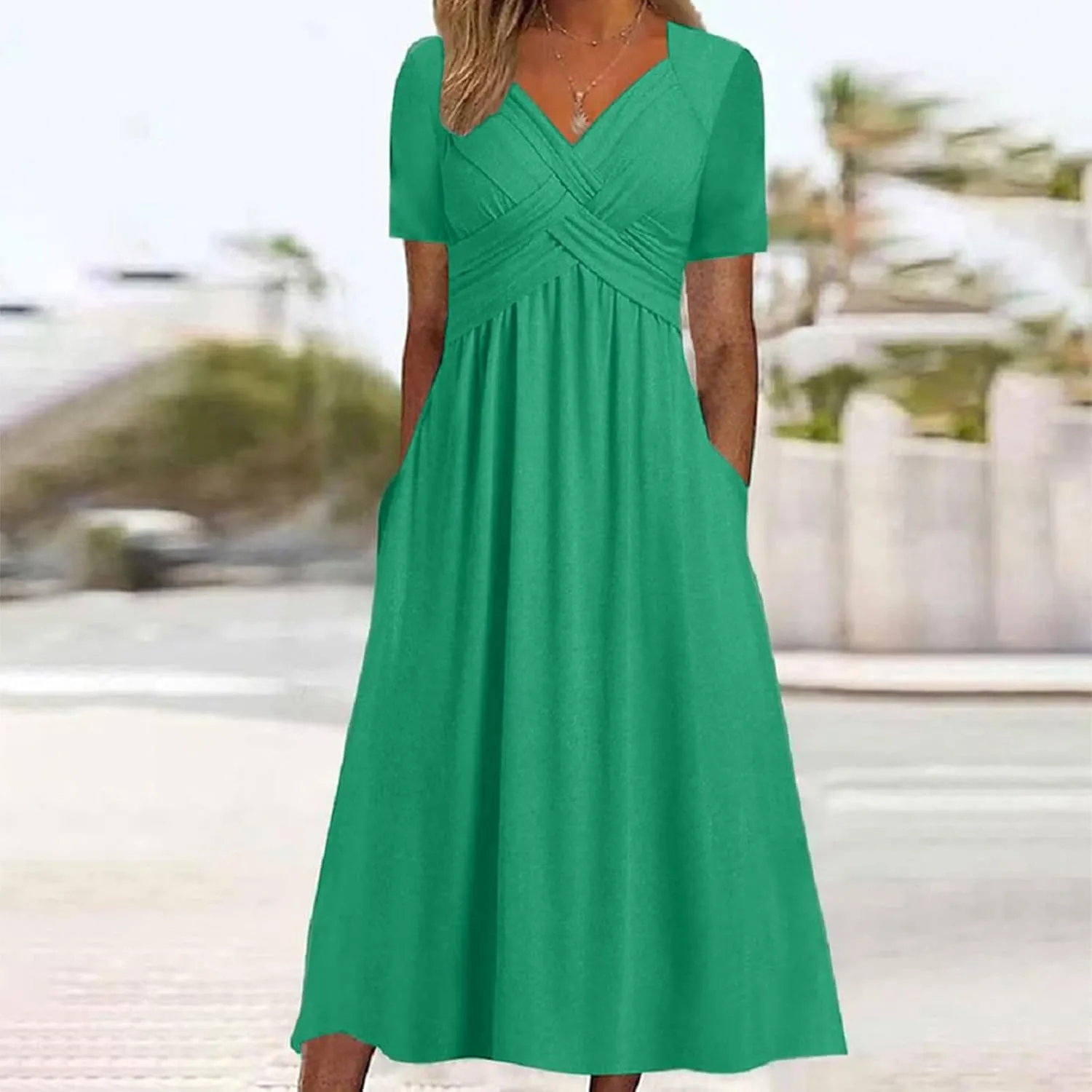 Womens Casual Dresses for Wedding Guest, Criss-Cross Front V Neck Beach Sundress Short Sleeve Maxi Dress with Pocket