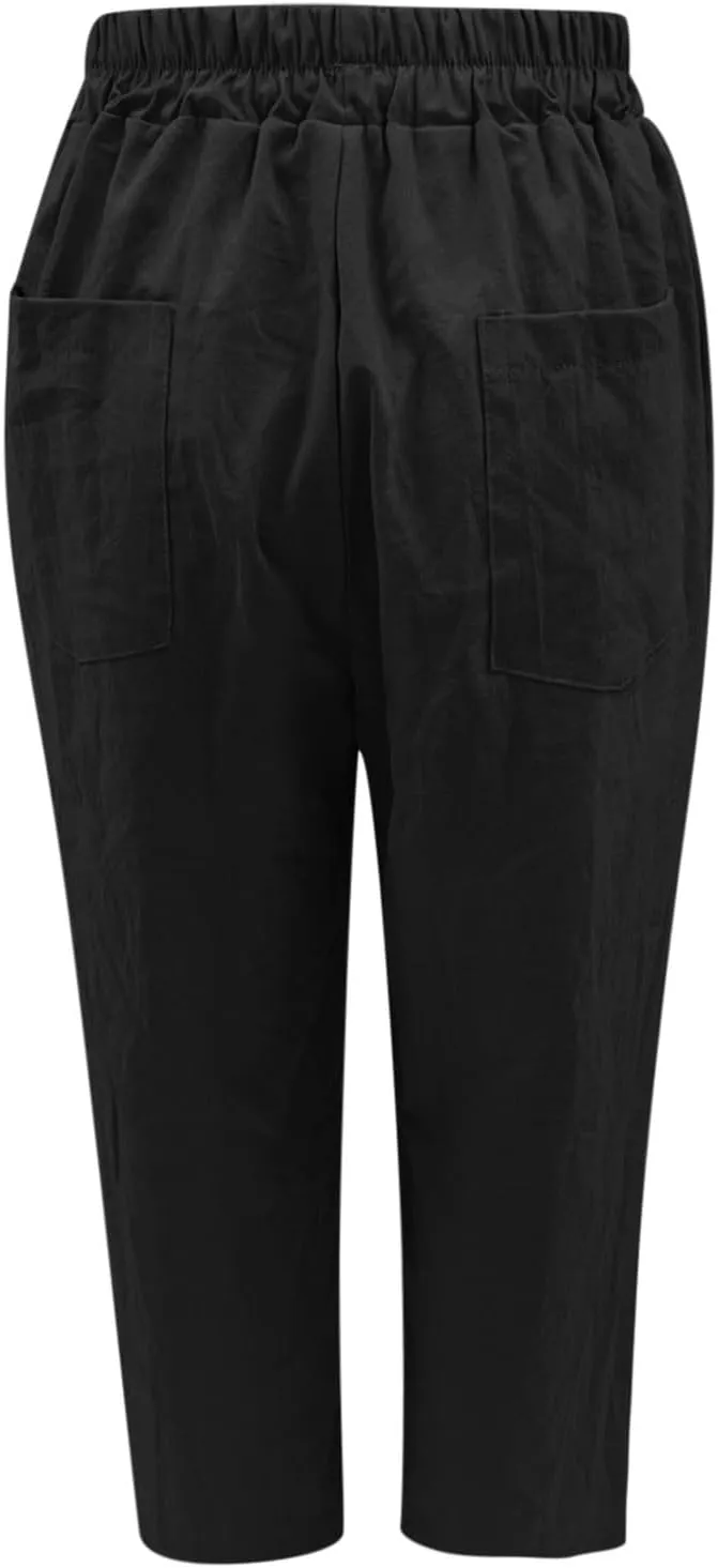 Women's Casual Linen Pants Summer Relax Fit Elastic High Waist Straight Leg Comfy Solid Color Lounge Trouser with
