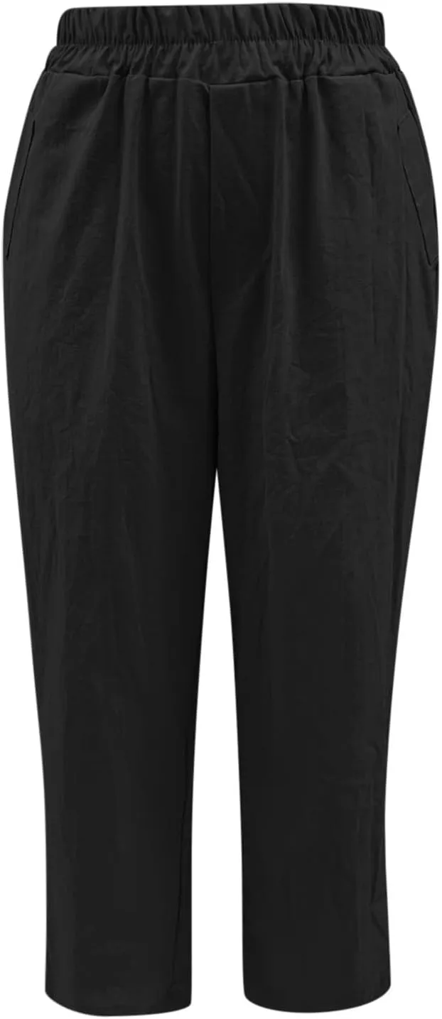 Women's Casual Linen Pants Summer Relax Fit Elastic High Waist Straight Leg Comfy Solid Color Lounge Trouser with