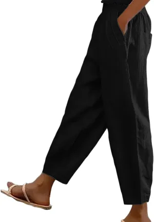 Women's Casual Linen Pants Summer Relax Fit Elastic High Waist Straight Leg Comfy Solid Color Lounge Trouser with