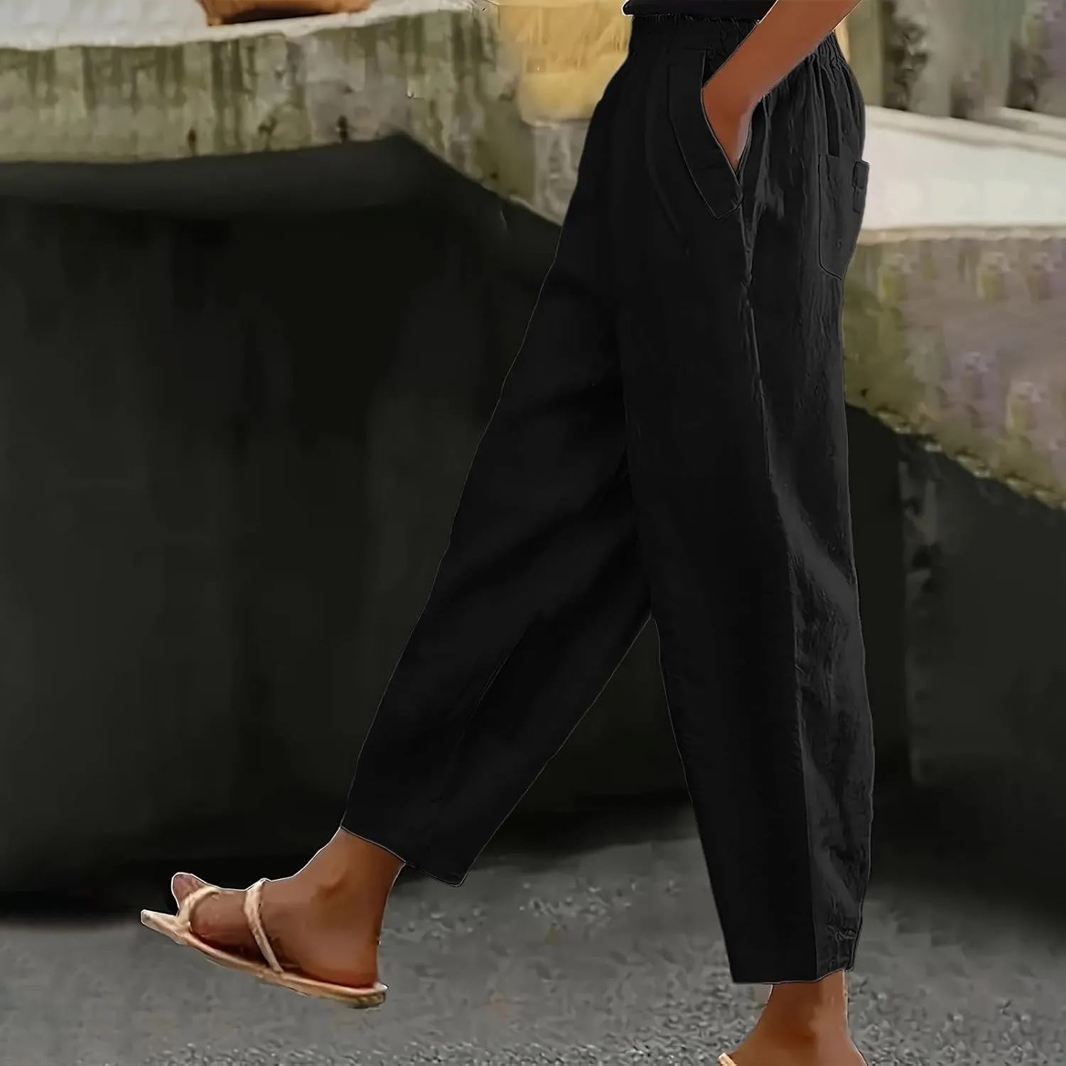 Women's Casual Linen Pants Summer Relax Fit Elastic High Waist Straight Leg Comfy Solid Color Lounge Trouser with