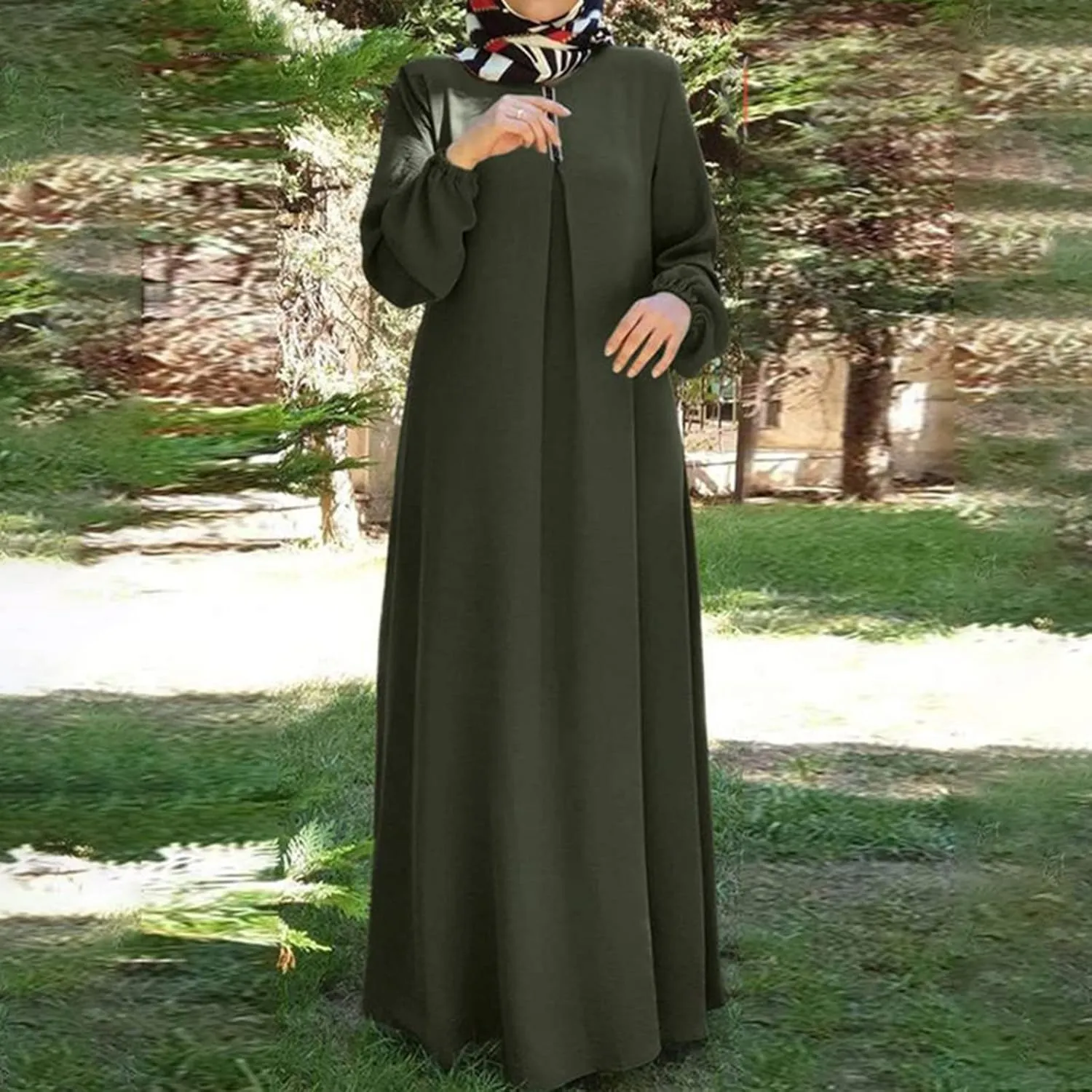 Womens Casual Maxi Dress Chiffon Long Sleeve Mock Neck Robe Abaya Muslim Ramadan Dress Flowy Islamic Evening Gown