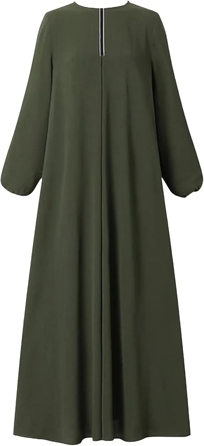 Womens Casual Maxi Dress Chiffon Long Sleeve Mock Neck Robe Abaya Muslim Ramadan Dress Flowy Islamic Evening Gown