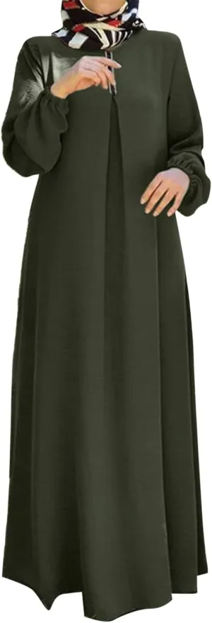 Womens Casual Maxi Dress Chiffon Long Sleeve Mock Neck Robe Abaya Muslim Ramadan Dress Flowy Islamic Evening Gown