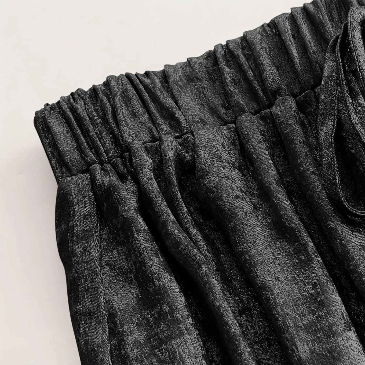 Womens Casual Velvet Palazzo Pants Summer Trendy Wide Leg Pants Elastic High Waist Drawstring Trousers with Pockets