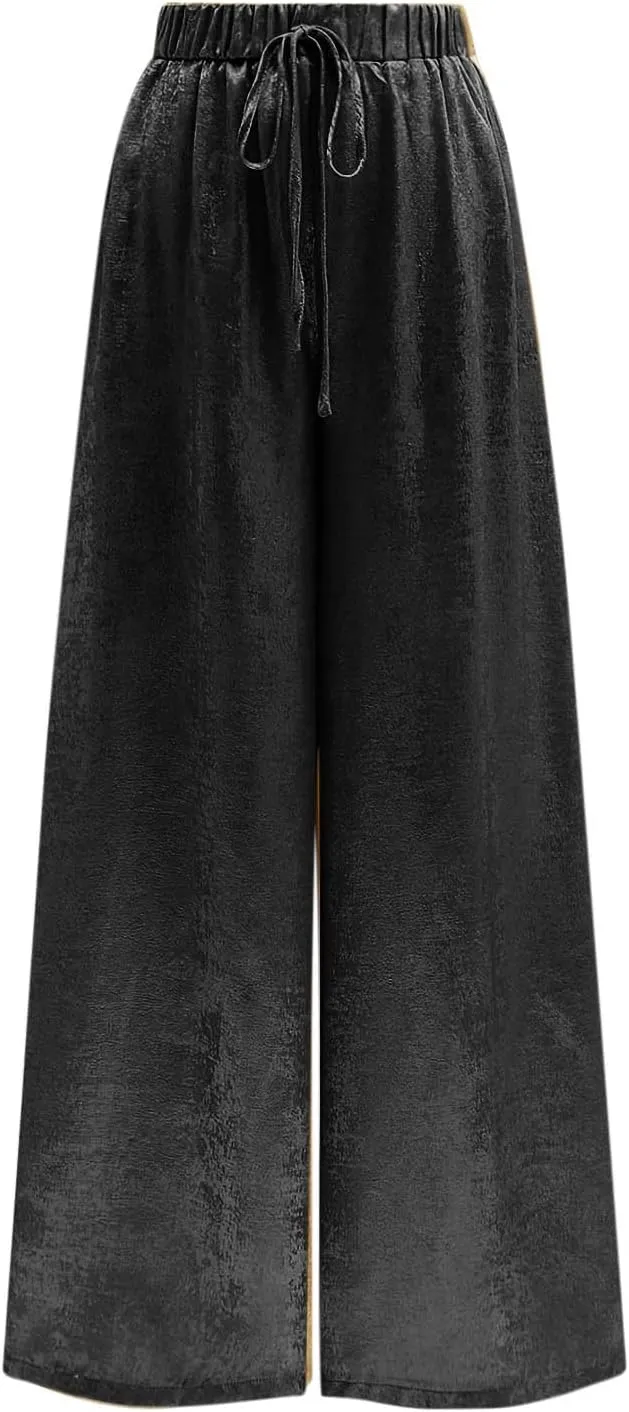 Womens Casual Velvet Palazzo Pants Summer Trendy Wide Leg Pants Elastic High Waist Drawstring Trousers with Pockets
