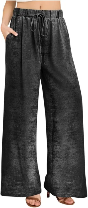 Womens Casual Velvet Palazzo Pants Summer Trendy Wide Leg Pants Elastic High Waist Drawstring Trousers with Pockets