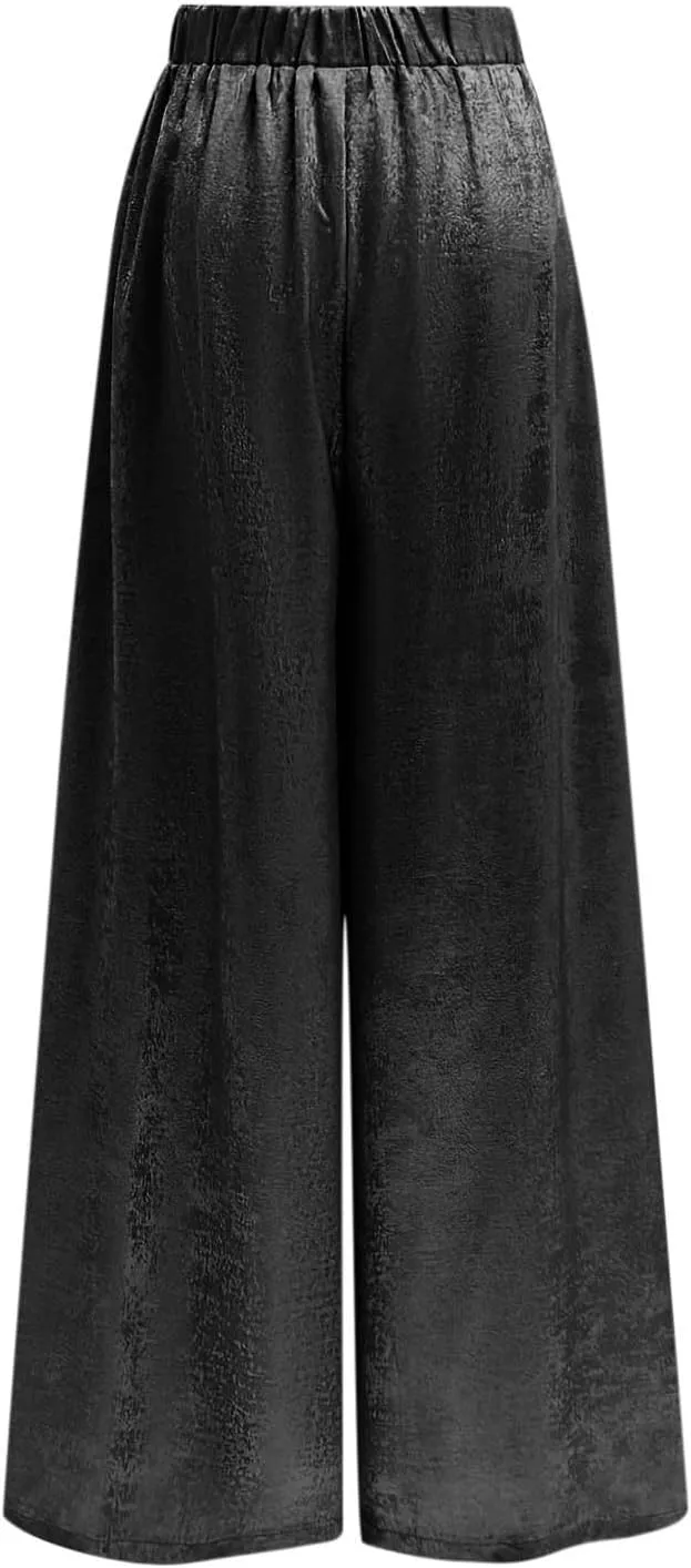 Womens Casual Velvet Palazzo Pants Summer Trendy Wide Leg Pants Elastic High Waist Drawstring Trousers with Pockets