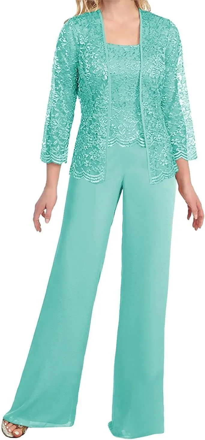 Women's Chiffon Lace Mother of The Bride Pants Suits 3 Pieces Evening Formal Dress Outfit Prom Wedding Party Gowns