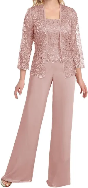 Women's Chiffon Lace Mother of The Bride Pants Suits 3 Pieces Evening Formal Dress Outfit Prom Wedding Party Gowns