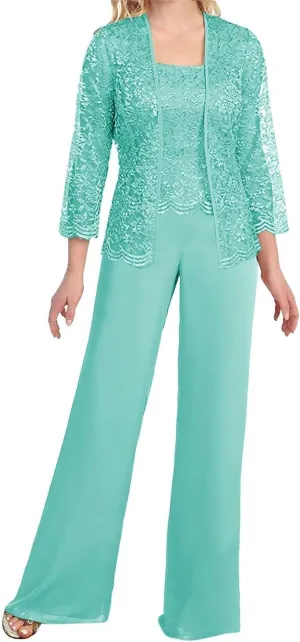 Women's Chiffon Lace Mother of The Bride Pants Suits 3 Pieces Evening Formal Dress Outfit Prom Wedding Party Gowns