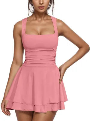 Womens Cocktail Mini Party Dress Square Neck Sleeveless Ruffle Hem Ruched Waist Dresses Casual Fashion Sexy Dress