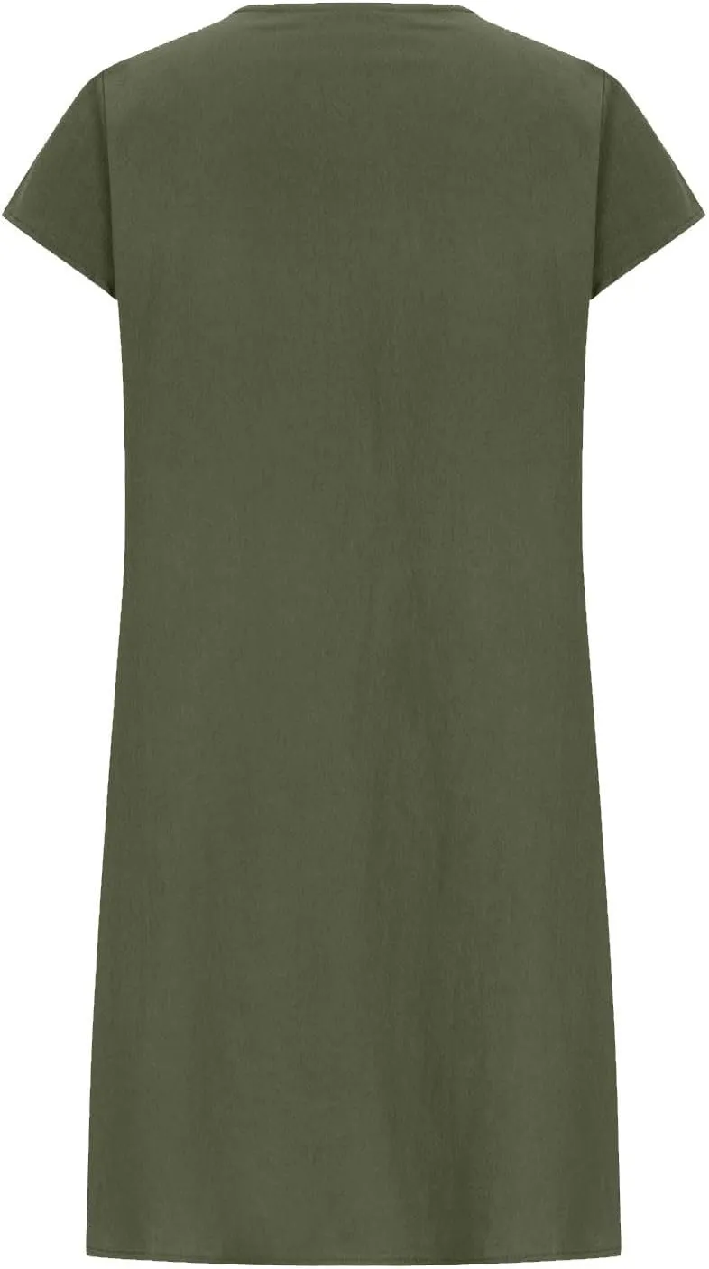 Womens Cotton Linen Midi Dress Plus Size Cap Sleeve Pleated Summer Dresses Vacation 2025 Crew Neck Casual Sundress