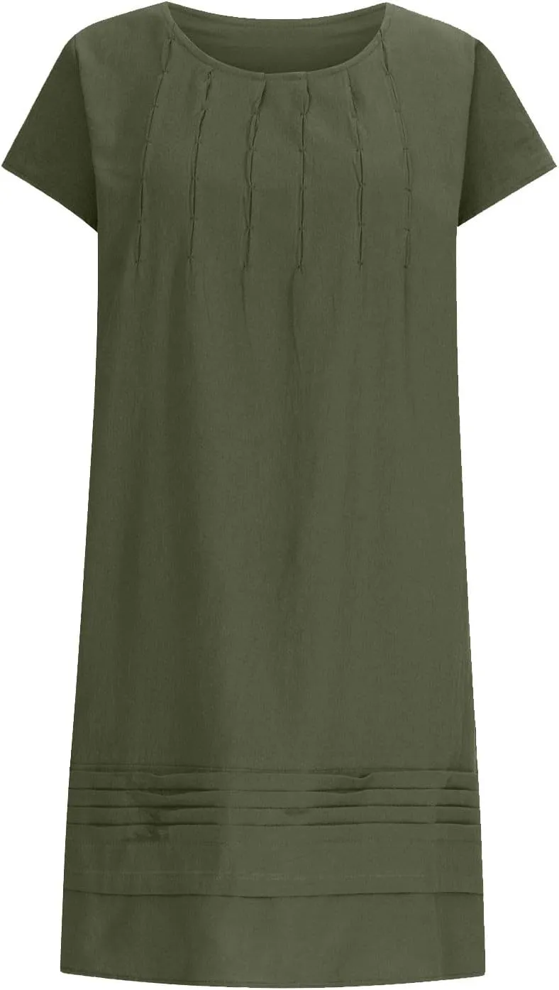 Womens Cotton Linen Midi Dress Plus Size Cap Sleeve Pleated Summer Dresses Vacation 2025 Crew Neck Casual Sundress