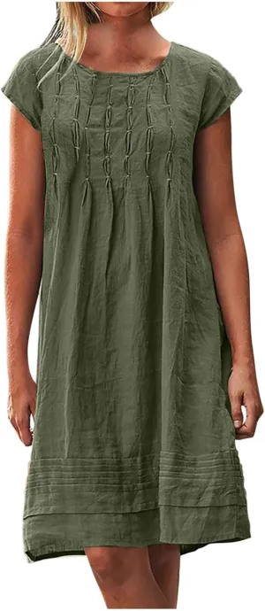 Womens Cotton Linen Midi Dress Plus Size Cap Sleeve Pleated Summer Dresses Vacation 2025 Crew Neck Casual Sundress