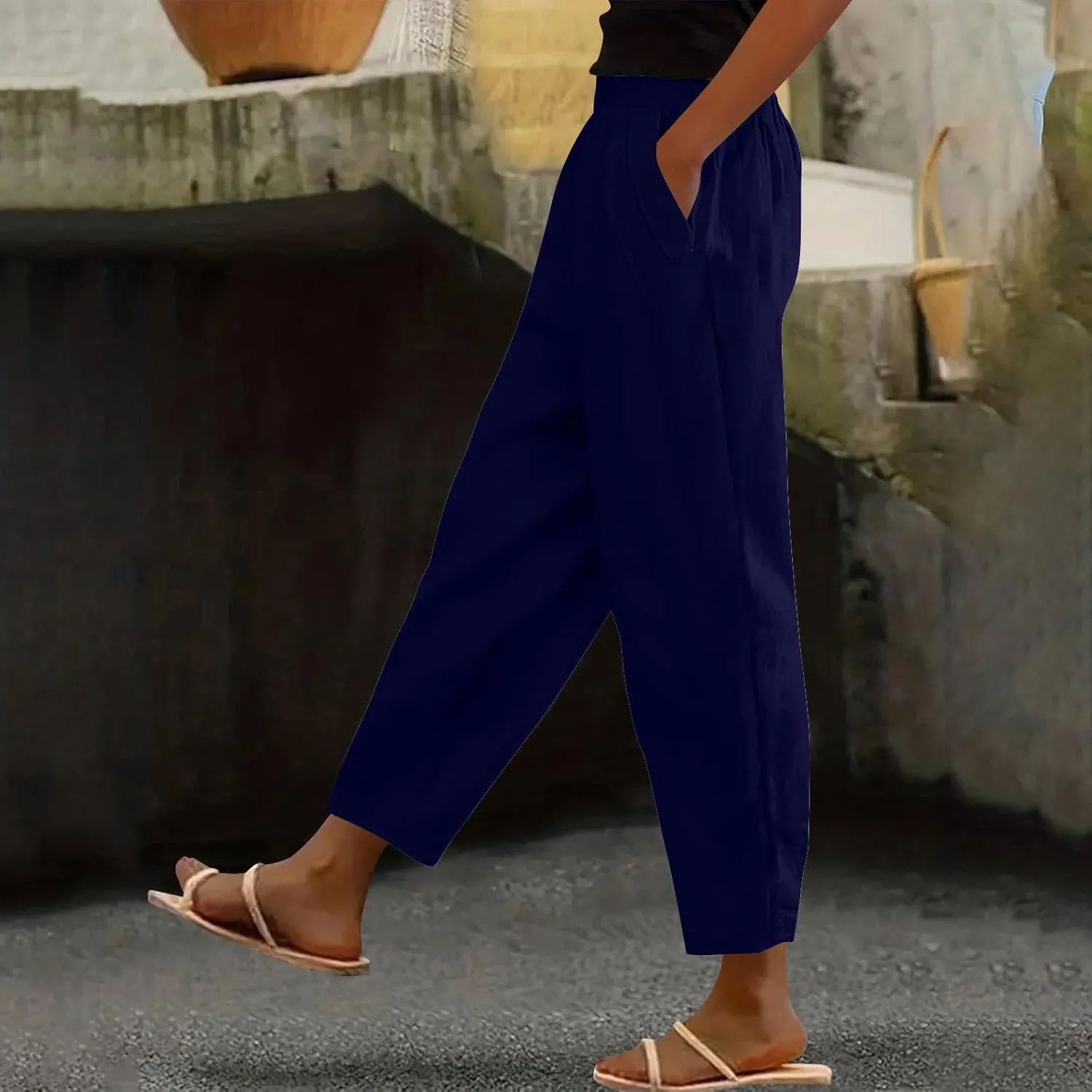 Womens Cotton Linen Pants Summer Wide Leg Solid High Waisted Palazzo Pants Flowy Lounge Beach Trousers with Pockets