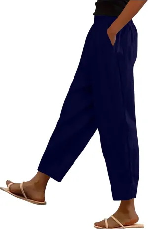 Womens Cotton Linen Pants Summer Wide Leg Solid High Waisted Palazzo Pants Flowy Lounge Beach Trousers with Pockets