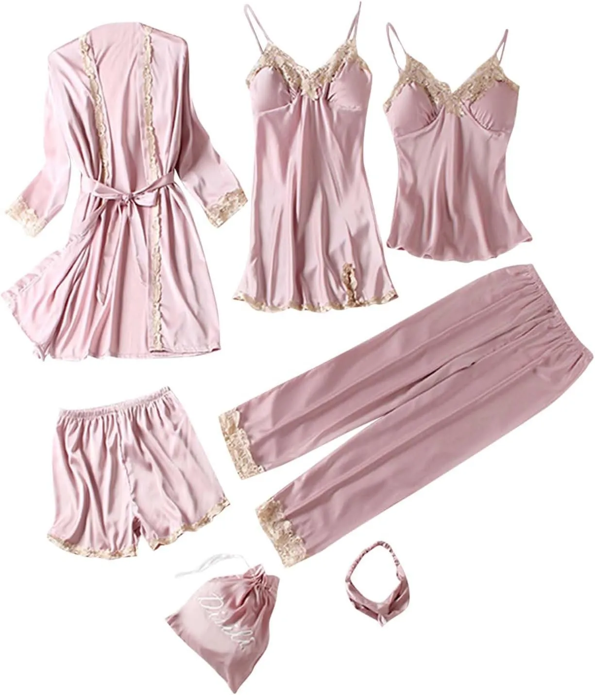 Womens Cute Lace Silk Pajamas Set Soft Sexy Nighty 7 Piece Sleepwear Summer Comfort Nightdress Pjs Loungewear