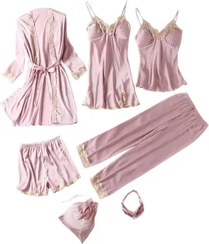 Womens Cute Lace Silk Pajamas Set Soft Sexy Nighty 7 Piece Sleepwear Summer Comfort Nightdress Pjs Loungewear