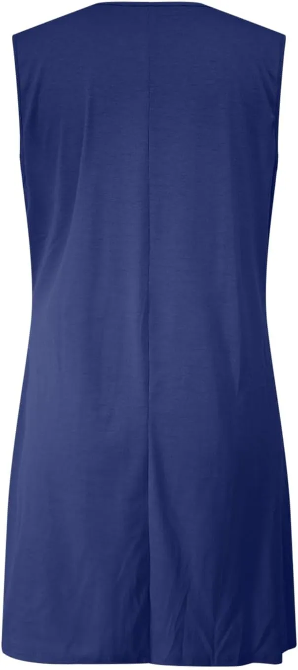 Womens Dresses Casual Summer Front Key Hole Sleeveless Tank Sundress Ruched Crewneck Beach Vacation Mini Dress