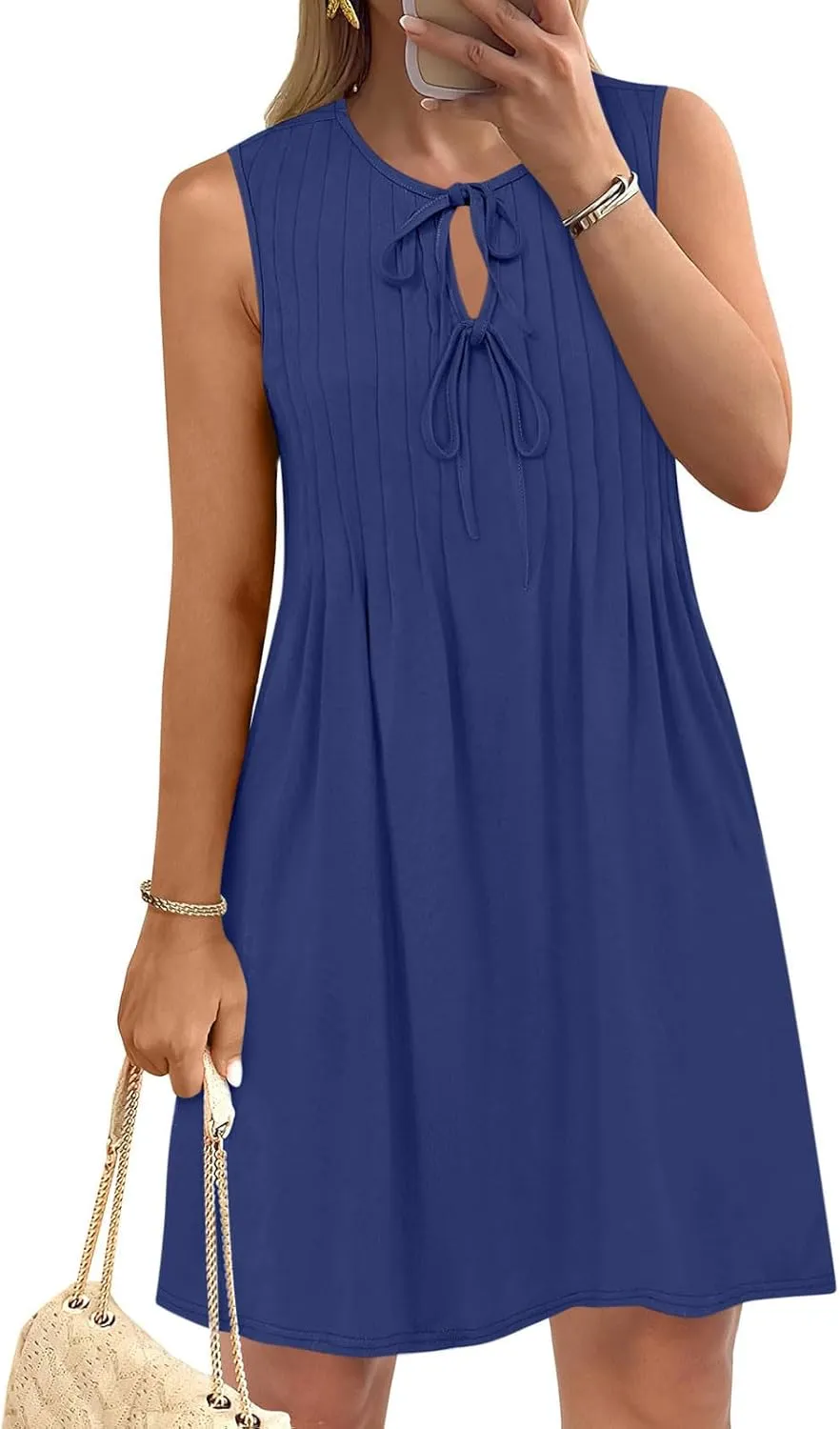 Womens Dresses Casual Summer Front Key Hole Sleeveless Tank Sundress Ruched Crewneck Beach Vacation Mini Dress