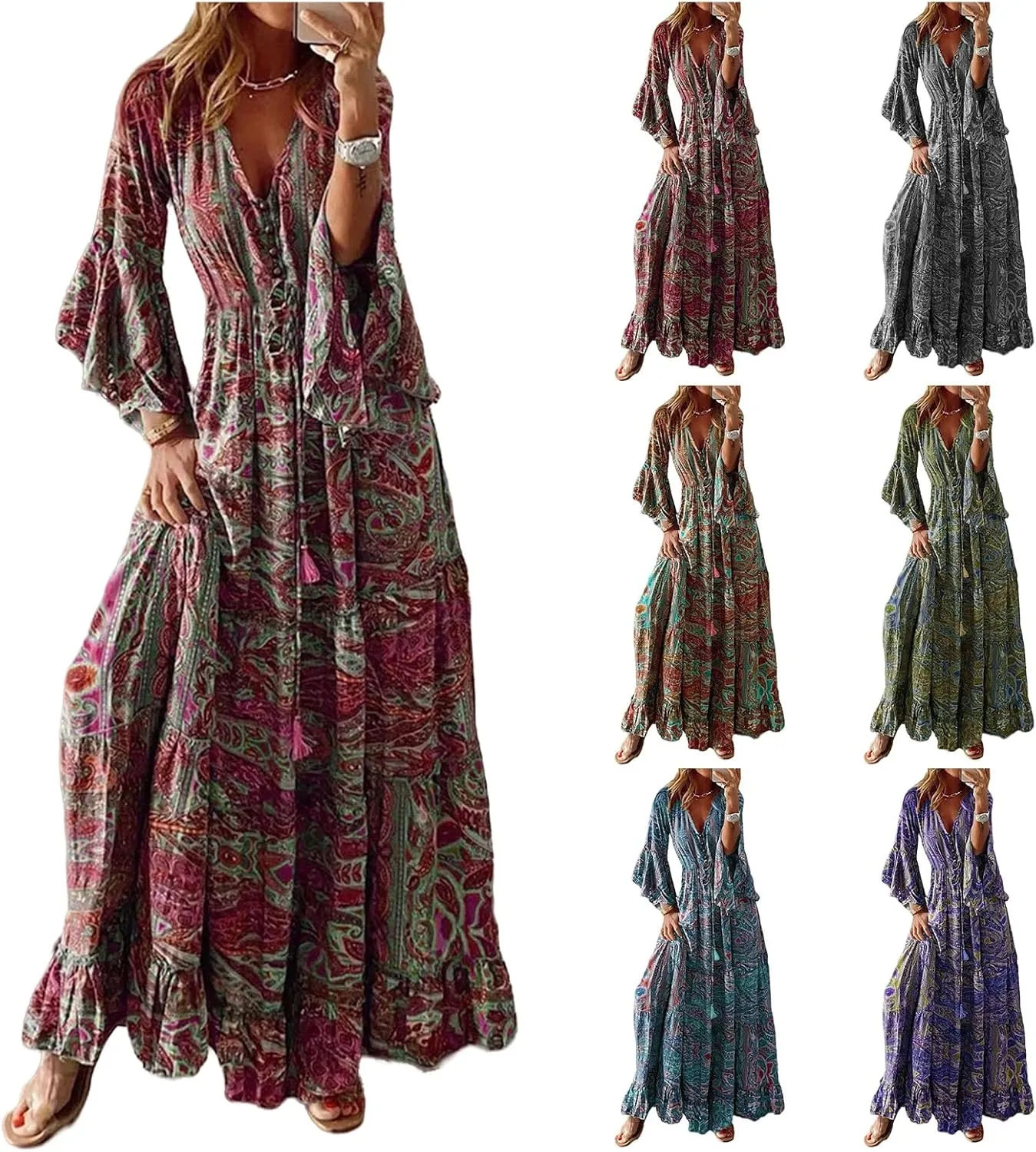 Womens Floral Boho Maxi Dress Deep V Neck Bell Sleeve Ethnic Loose Beach Cocktail Party Evening Long Dresses Plus Size