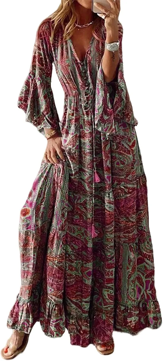 Womens Floral Boho Maxi Dress Deep V Neck Bell Sleeve Ethnic Loose Beach Cocktail Party Evening Long Dresses Plus Size