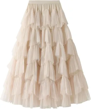 Women's Floral Midi Skirt Layered Heavy Industry Cake Skirts Vintage Irregular Beach Thin Skirt Pleated Cheer