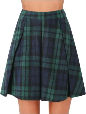 Womens High Waist Plaid Skirt A-line Printed Pleated Flared Midi Skirts Midi Skirt with Back Zipper for Party