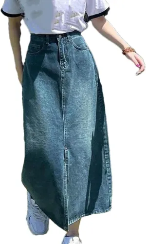 Women's High Waisted Front Slit Denim Midi Skirt 5-Pocket Casual Loose Jean Skirts for Work