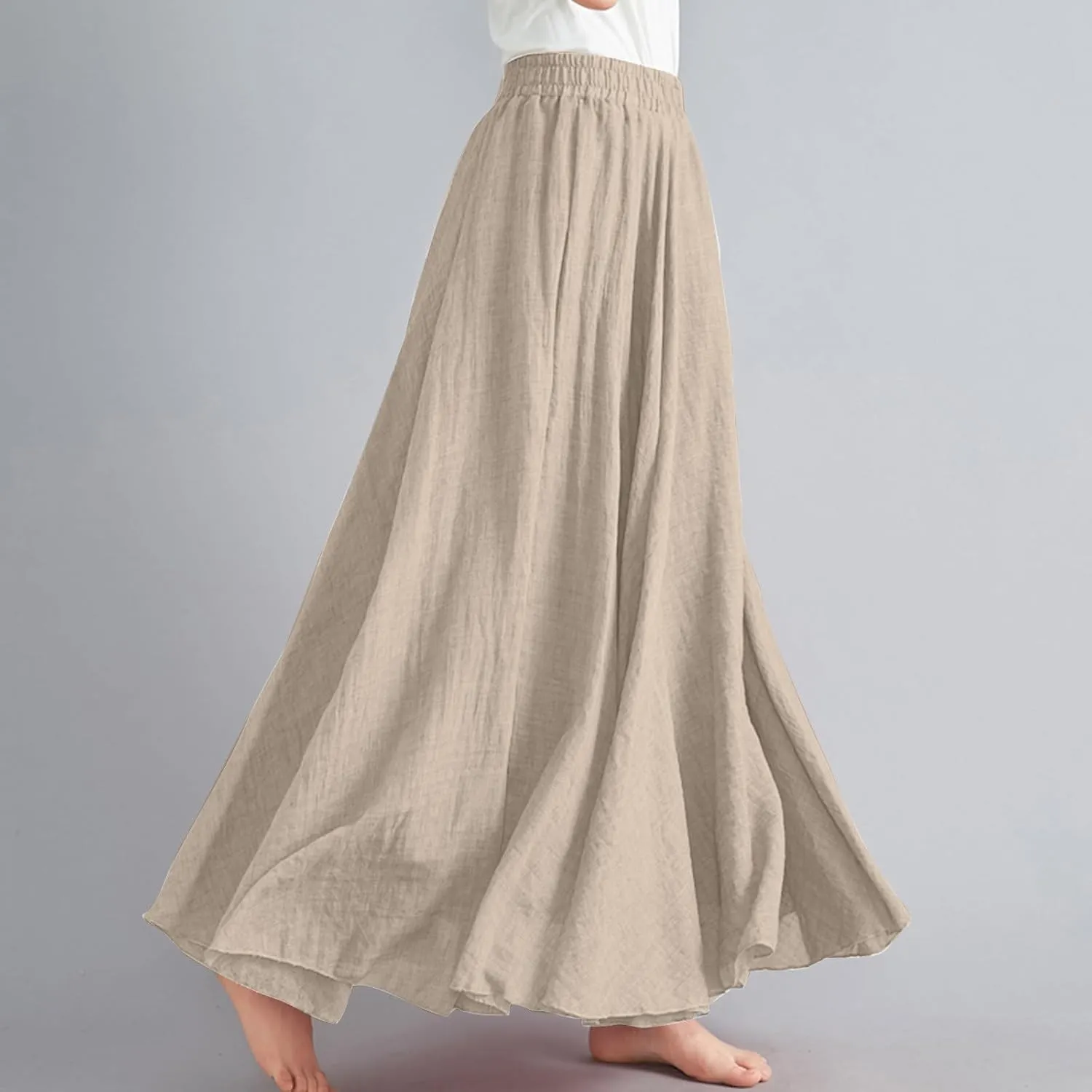 Womens Linen Maxi Skirts Flowy Elegant Pleated Solid Color Skirt High Waisted Plus Size 2025 Trendy Summer Dress