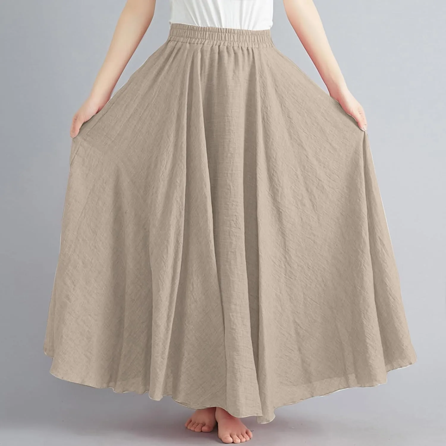 Womens Linen Maxi Skirts Flowy Elegant Pleated Solid Color Skirt High Waisted Plus Size 2025 Trendy Summer Dress