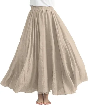 Womens Linen Maxi Skirts Flowy Elegant Pleated Solid Color Skirt High Waisted Plus Size 2025 Trendy Summer Dress